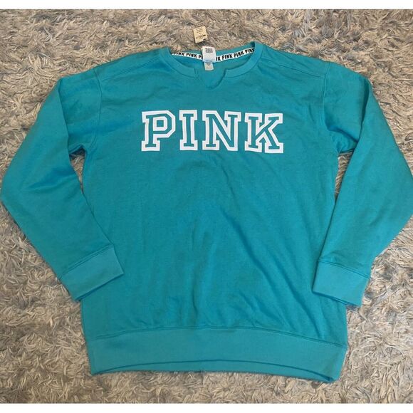 Victoria's Secret Tops - Victoria's Secret Pink Everyday Lounge Split Neck Campus Crew Green‎ Sz S NWT